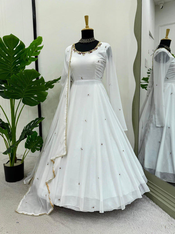 White Color Faux Georgette Full Hand Work Anarkali