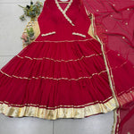Georgette Gown with Gotta Patti Lace & Real Mirror Work, 15-Meter Flair & Embroidered Dupatta