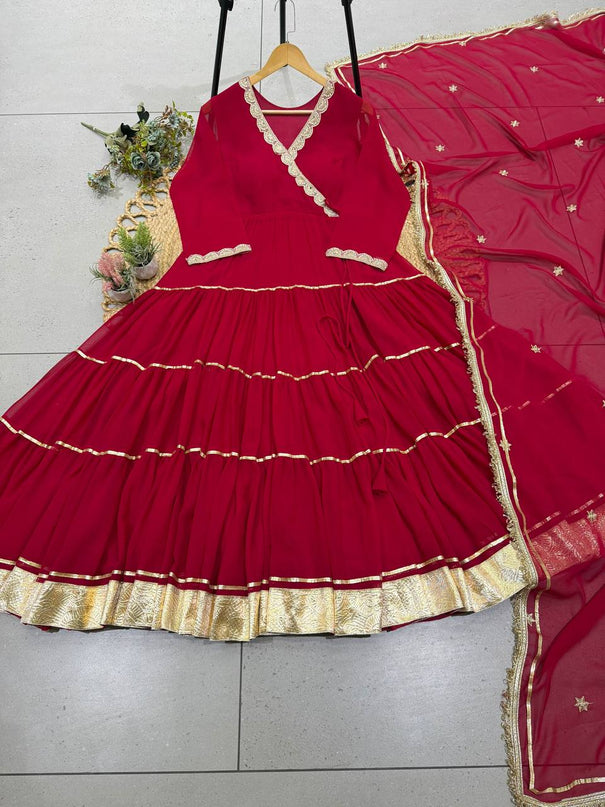 Georgette Gown with Gotta Patti Lace & Real Mirror Work, 15-Meter Flair & Embroidered Dupatta