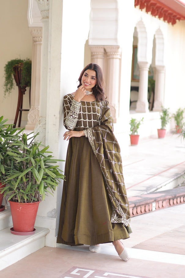 Vichitra Sequins Zari Embroidered Gown Suit Set
