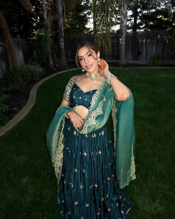 Japan Satin Thread With Sequene Work With Canvas Pata Lehenga