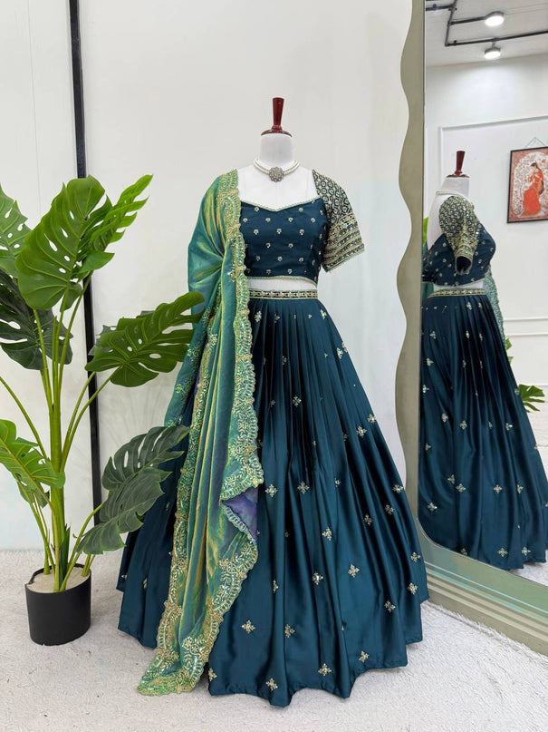 Japan Satin Thread With Sequene Work With Canvas Pata Lehenga