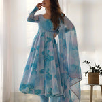 Sky Color Marble Print Work Organza Silk Anarkali