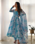 Sky Color Marble Print Work Organza Silk Anarkali