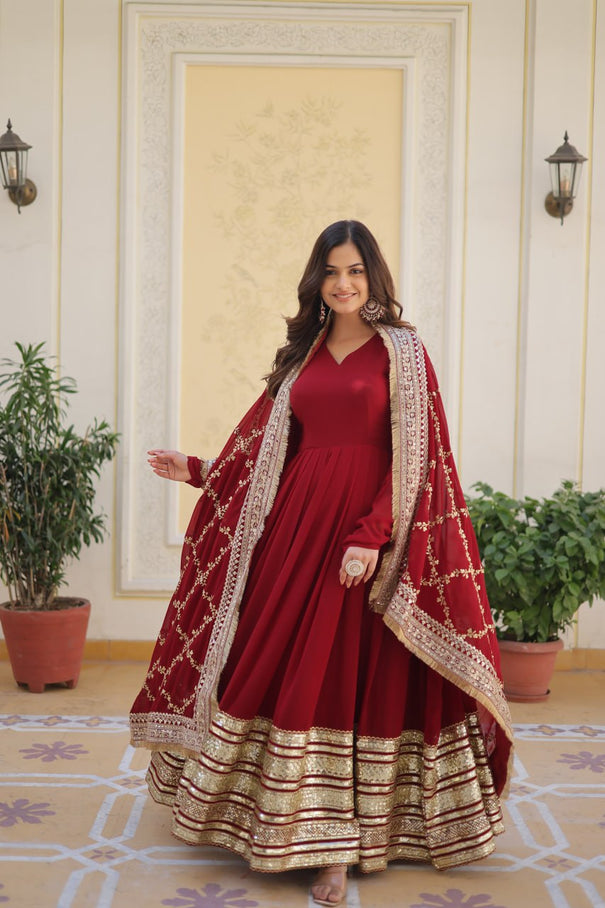 Maroon Colour Faux Blooming Embroidery Zari Sequence Work And  3 Meter Flair Gown Wirh Heavy Sequence Embroidery Work Dupatta