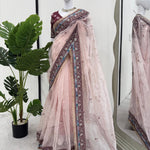 Wine Color Organza Silk Thread And Sequence Work Saree