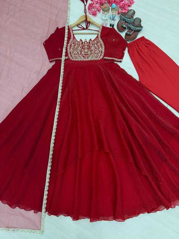 Cutdana Embroidered Gown with Pant & Sequin Butterfly Net Dupatta