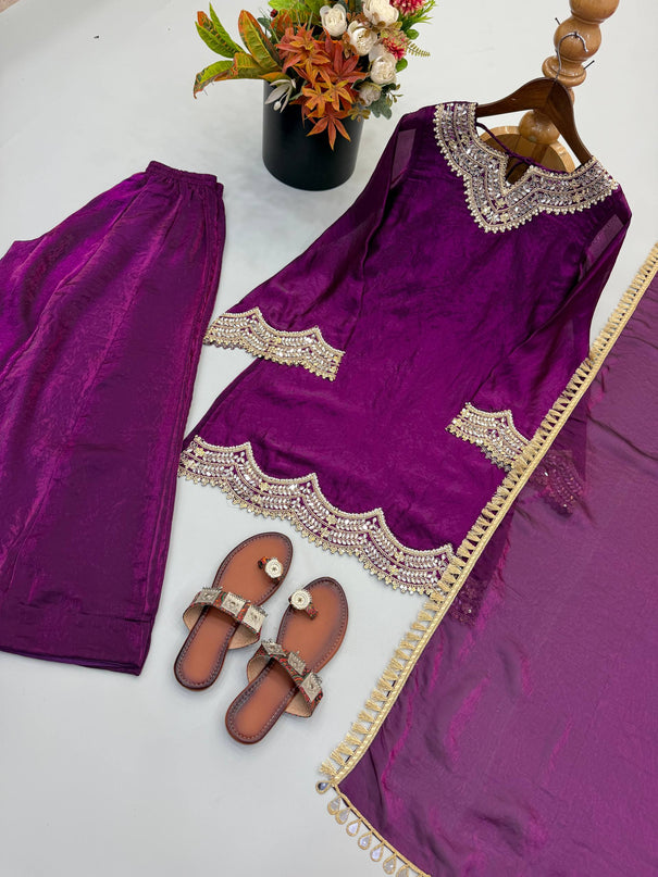 Fendy Silk Embroidery Codding & Real Mirror Work Top Bottom