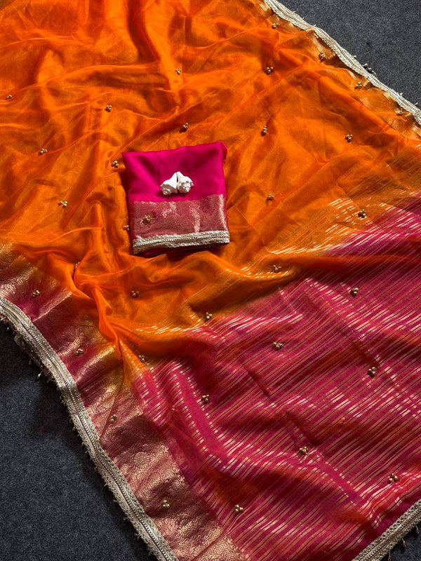 Soft Tissu Silk Saree with Real Ghungroo Work & Unstitched Blouse