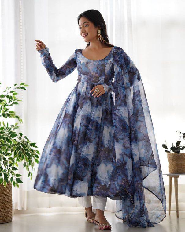 Sky Color Marble Print Work Organza Silk Anarkali