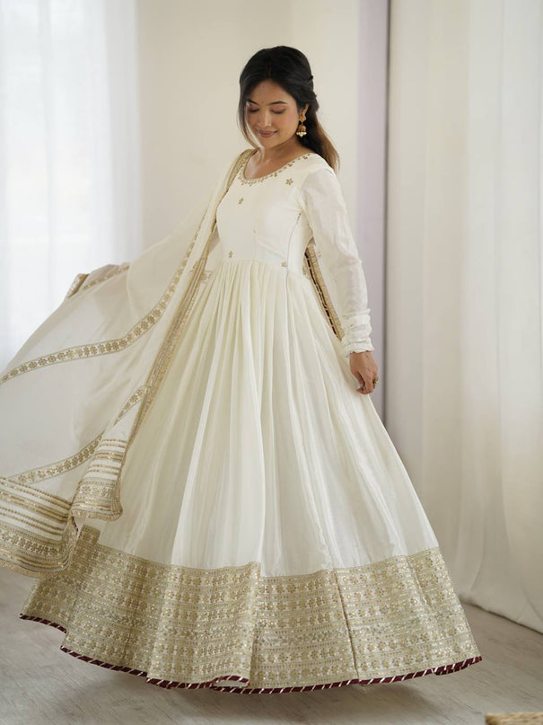Black Color Chinon Silk Thread Work Gown