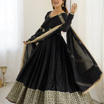 Black Color Chinon Silk Thread Work Gown