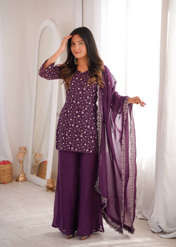 Crunchy Silk Embroidered Bell Bottom Suit Set