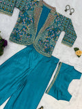Chinon Fabric With Full Embroidery Work And Moti Lace Work And Free Size Koti Plazzo