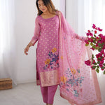 WOMEN'S PREMIUM CHANDERI SILK WITH JACQARD PRINT DUPATTA TOP PANT SET