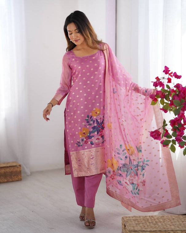 WOMEN'S PREMIUM CHANDERI SILK WITH JACQARD PRINT DUPATTA TOP PANT SET
