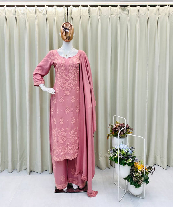Pink Color Embroidery Work With Reyon Fabric Top Plazzo