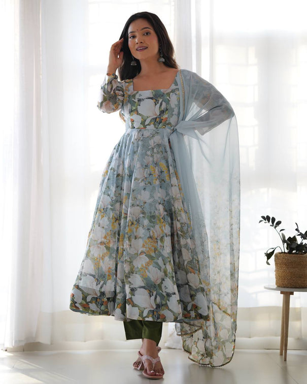 New Wear Organza Silk Floral Print Anarkali