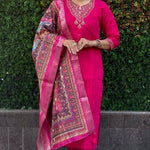 Rani Pink Color Premium Roman Silk Embroidery Work Kurti