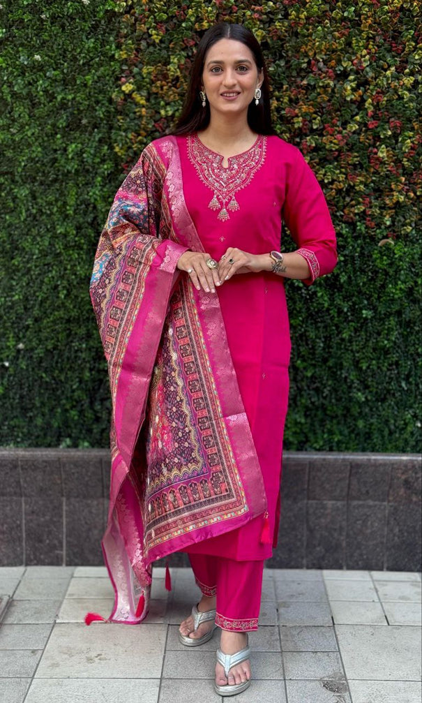 Rani Pink Color Premium Roman Silk Embroidery Work Kurti
