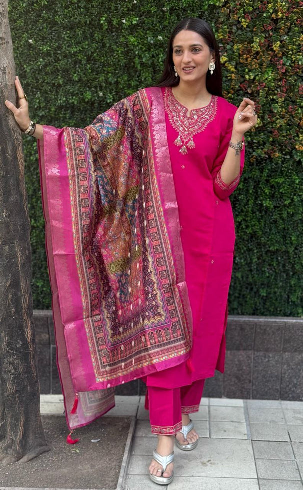 Rani Pink Color Premium Roman Silk Embroidery Work Kurti