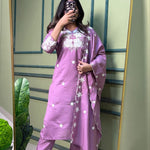 Purple Color Roman Silk Embroidery Work Kurti