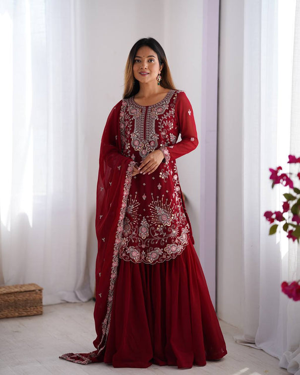 Blue Colour Georrgette Sequence With Thred Work Top With Sharara And Dupatta