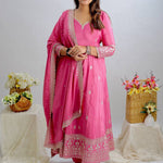 Pink Color Natural Crep With Embroidery Work Gown