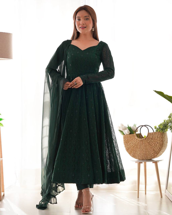 Green Color Fox Georgette Lukhnowi Sequence Work Anarkali
