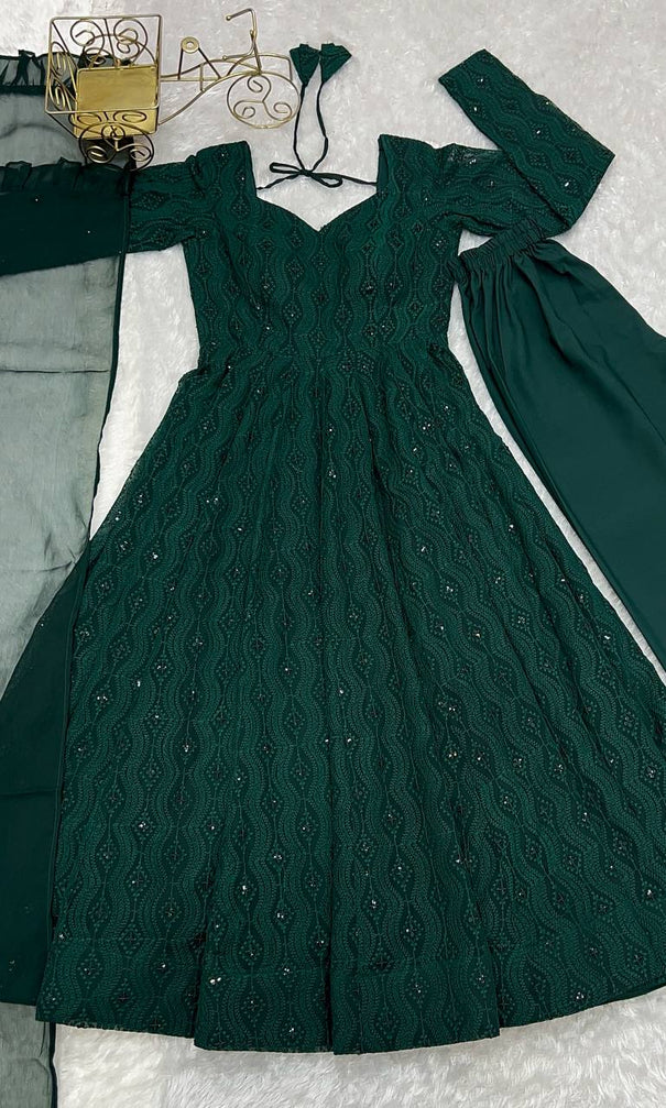 Green Color Fox Georgette Lukhnowi Sequence Work Anarkali