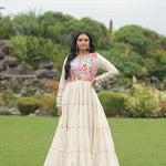 White Color Kora Cotton Multi Thread Embroidery Work Gown