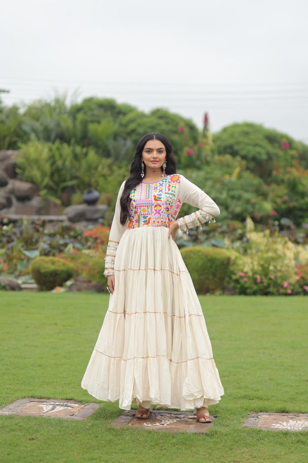 White Color Kora Cotton Multi Thread Embroidery Work Gown