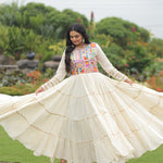 White Color Kora Cotton Multi Thread Embroidery Work Gown