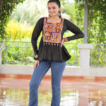 Black Color Roman Fabric Kutchi Gamthi Work Top