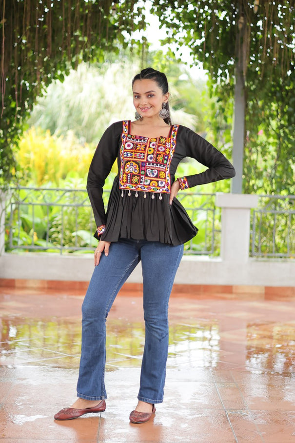Black Color Roman Fabric Kutchi Gamthi Work Top