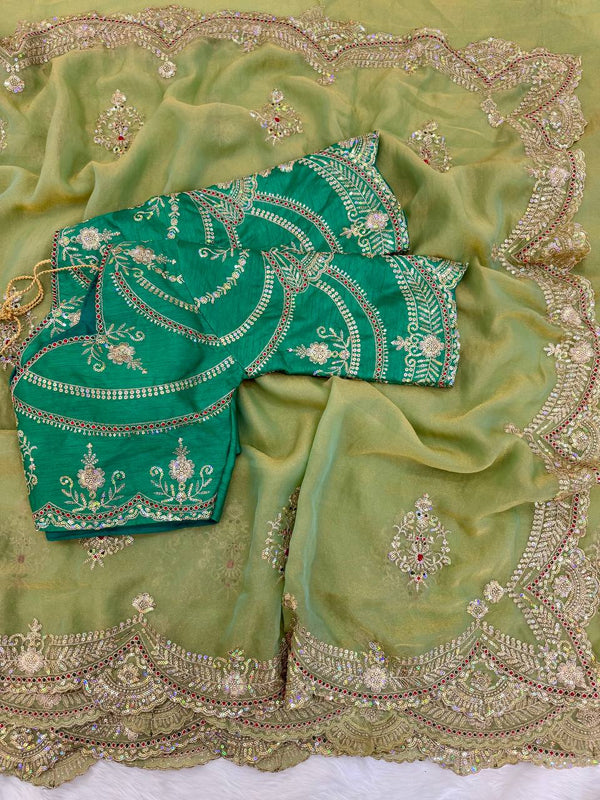 Premium Moss Chiffon Sequence Embroidery Work Saree