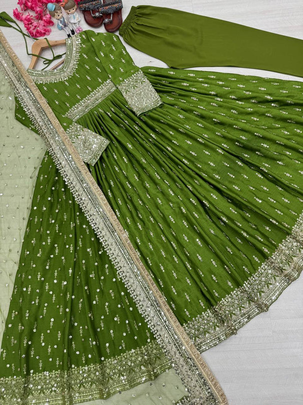 Heavy Pure Chinon Silk Embroidery Sequence Work Gown