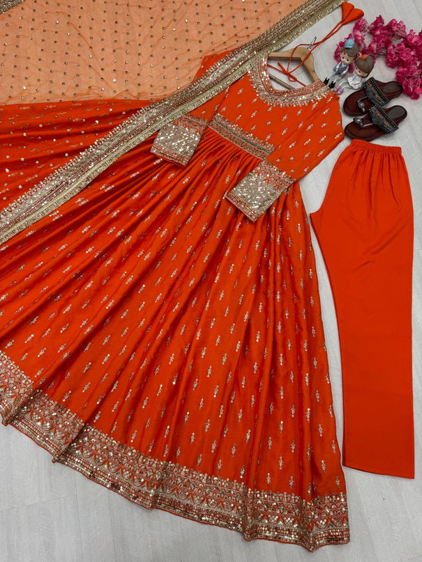 Heavy Pure Chinon Silk Embroidery Sequence Work Gown