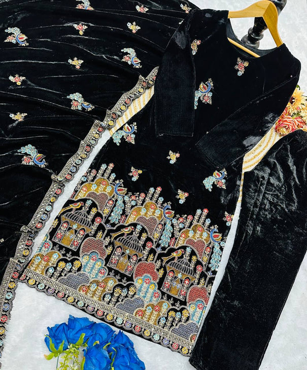 Black Color Havy Viscis Velvet Embroidery Work Top Pent
