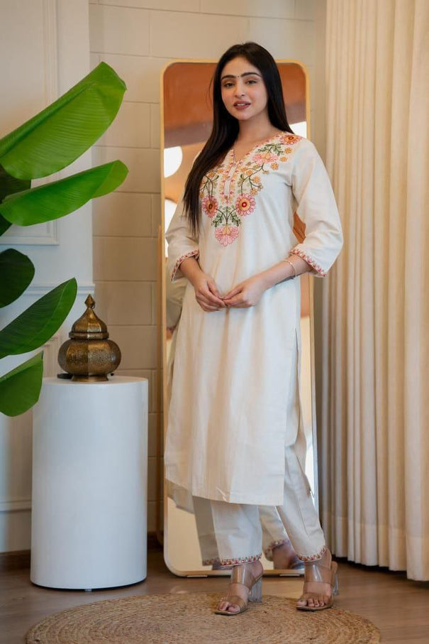 White Color Khadi Cotton Embroidery Work Kurti