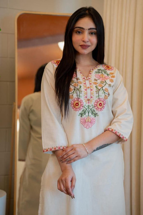 White Color Khadi Cotton Embroidery Work Kurti