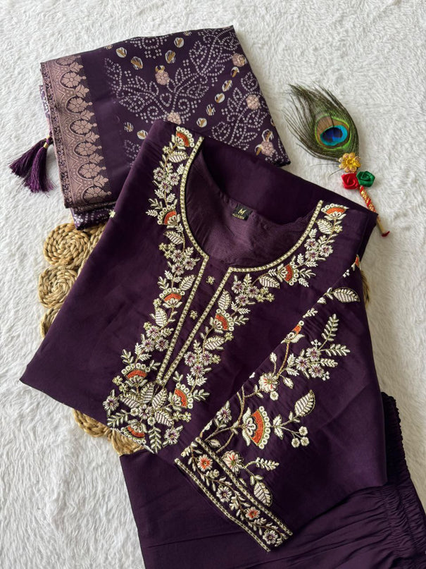 Dark Purple Color Premium Roman Silk Embroidery Work Kurti
