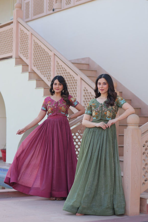 Silver Crunchy Embroidery Work With Canvas Patta Gown