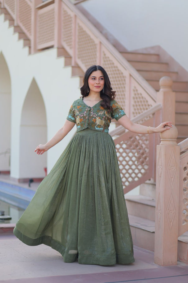 Silver Crunchy Embroidery Work With Canvas Patta Gown