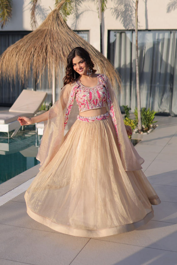 Beautiful Soft Rich Sindur Silk Beads Embroidery Work Lehenga Set