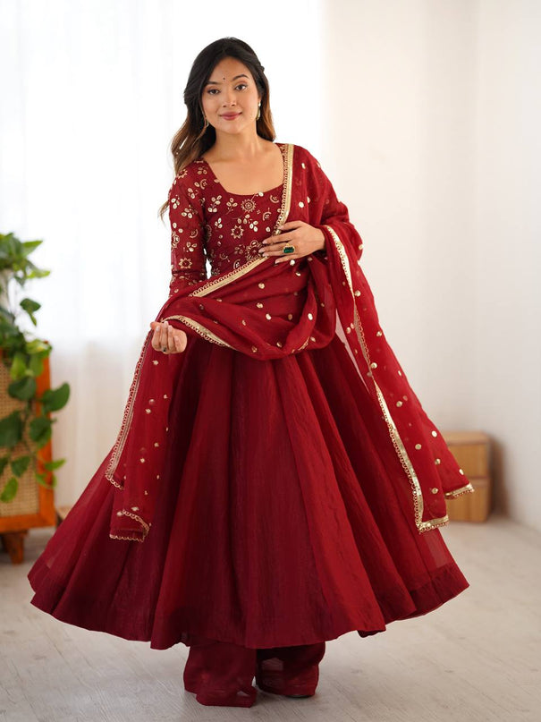 Red Color Premium Look Crunchy Silk Top Plazzo