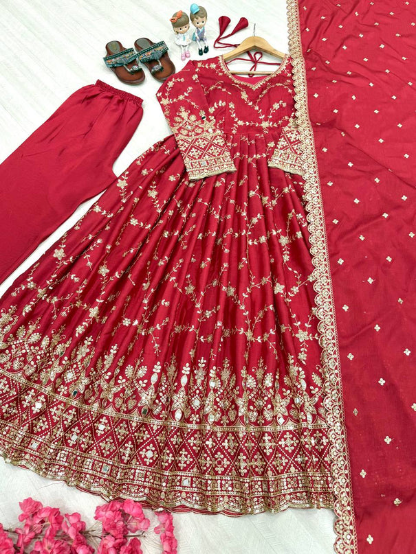 Havy Chinon Silk With Embroidery Sequins Work Gown