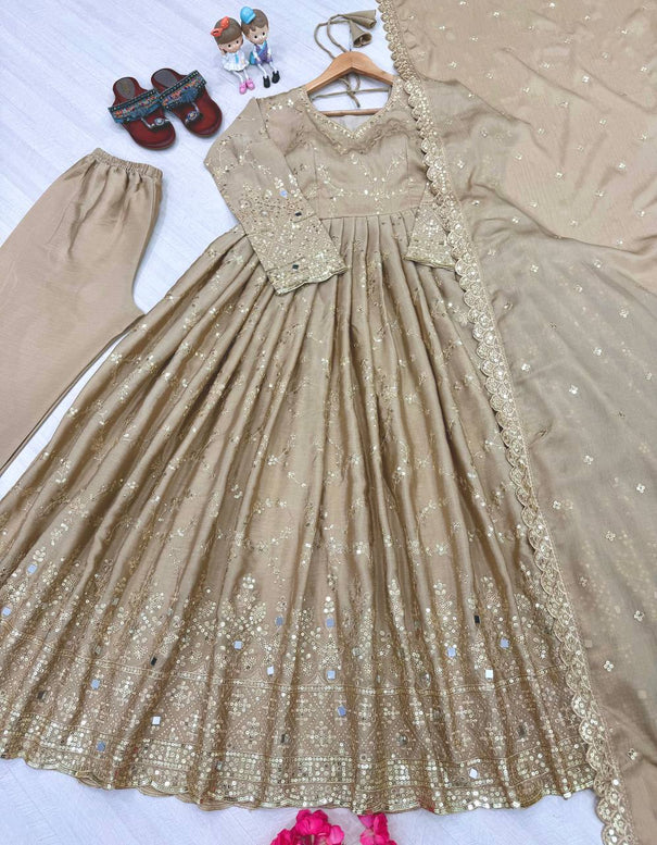 Havy Chinon Silk With Embroidery Sequins Work Gown