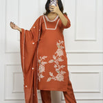 orange Color Premium Roman Silk With Embroidery Work Kurti