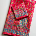 Pure Dola Silk Jaqurad Weaving Digital Print Aari Mirror Work Saree